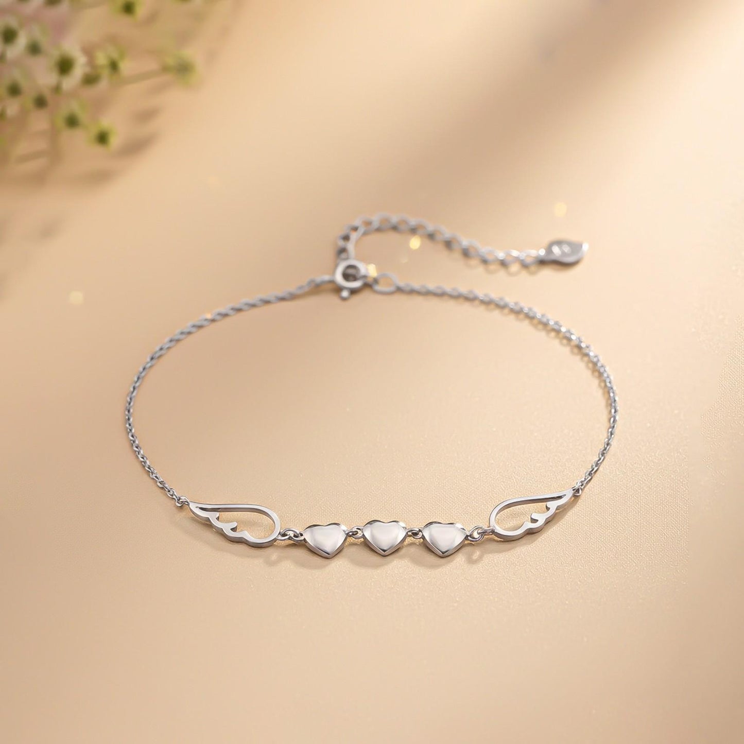 Silver Triplet Heart & Wings Anklet