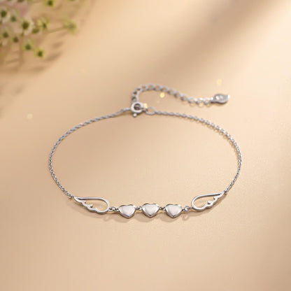 Silver Triplet Heart & Wings Anklet