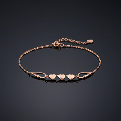 Rose Gold Triplet Heart & Wings Anklet
