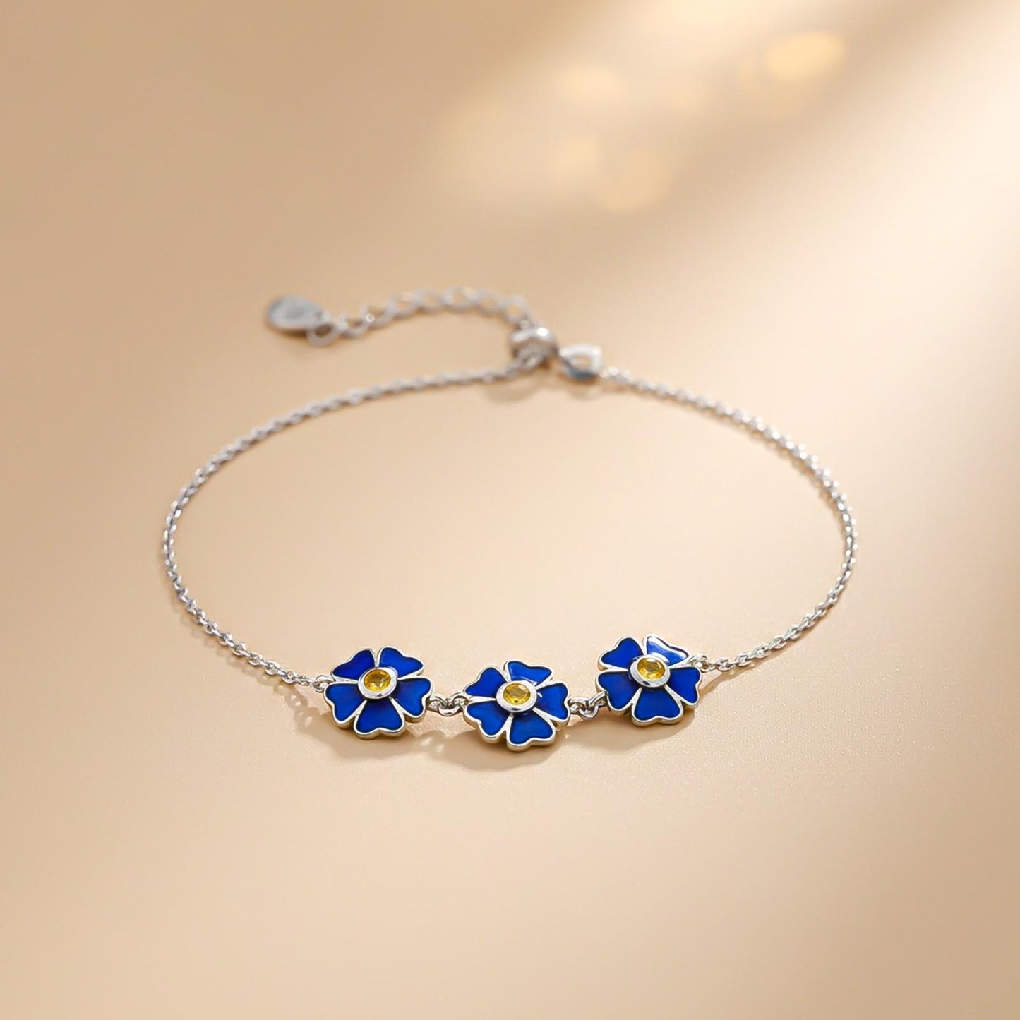 Silver Blue Enamel Floral Anklet