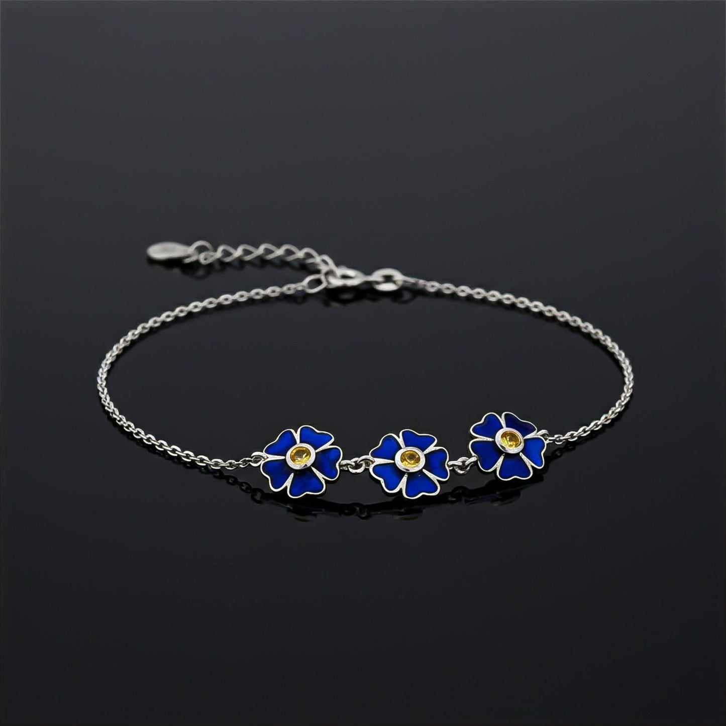 Silver Blue Enamel Floral Anklet