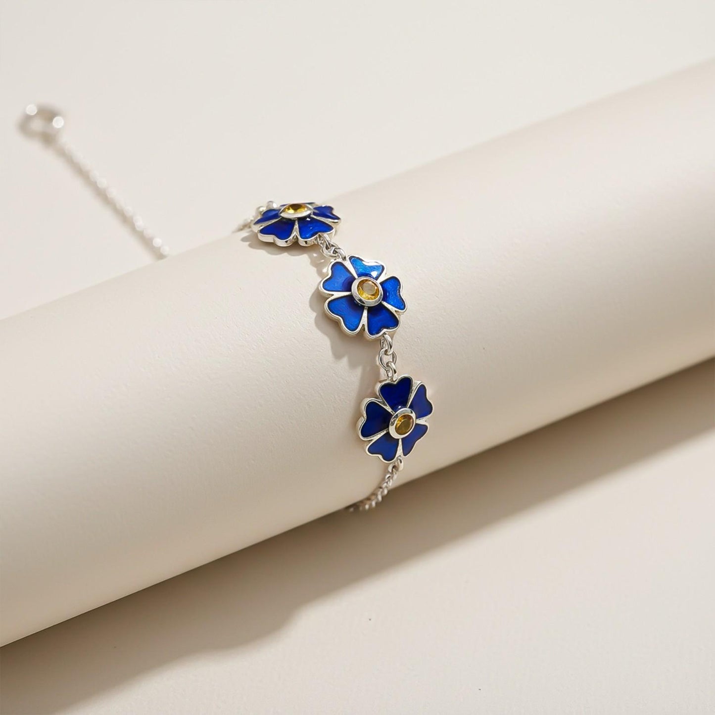 Silver Blue Enamel Floral Anklet