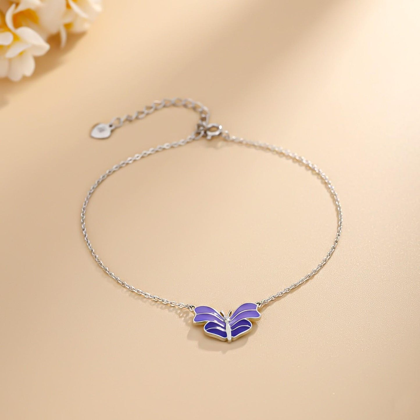 Silver Purple Enamel Butterfly Anklet