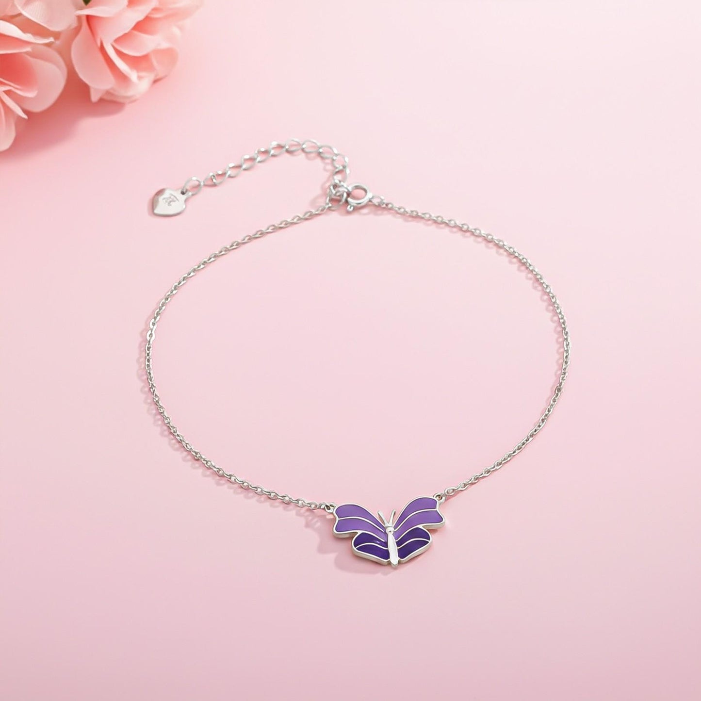 Silver Purple Enamel Butterfly Anklet