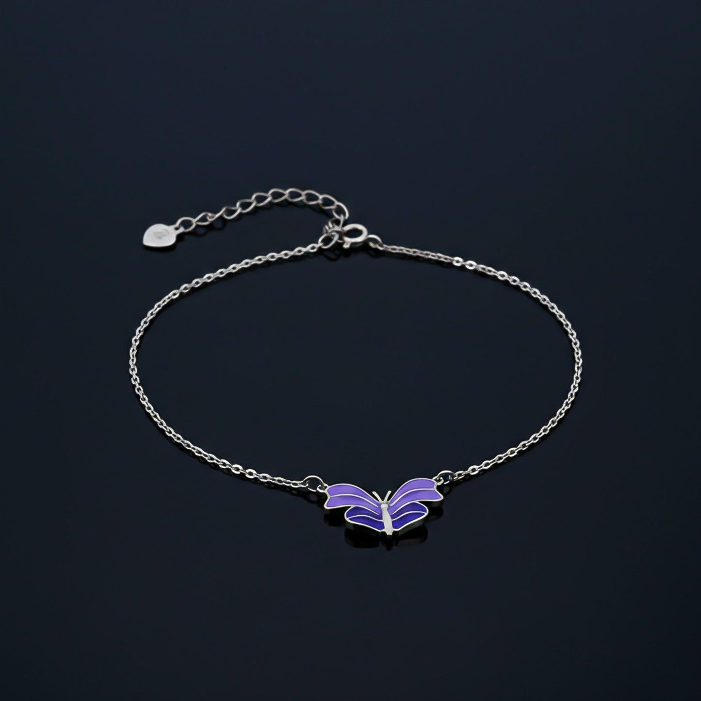 Silver Purple Enamel Butterfly Anklet