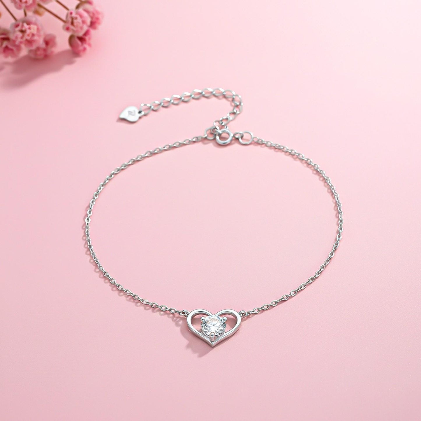 Silver Solitaire Heart Anklet