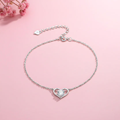 Silver Solitaire Heart Anklet