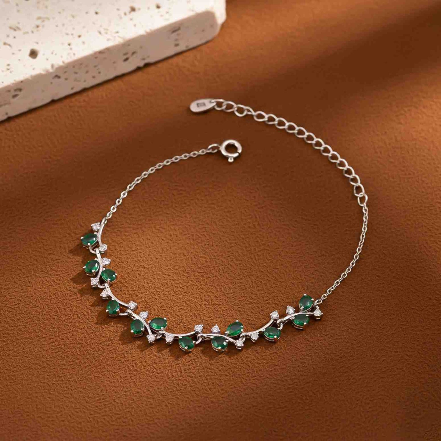Silver Green Emerald Floral Theme Bracelet
