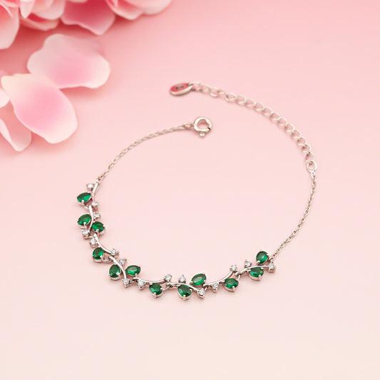 Silver Green Emerald Floral Theme Bracelet