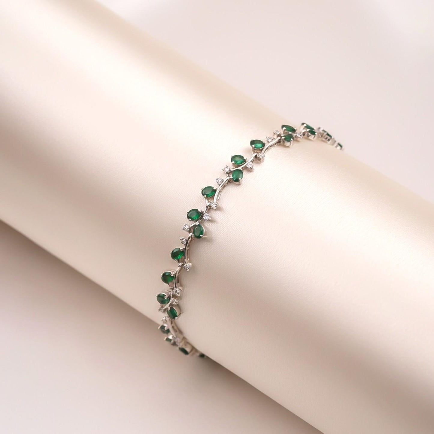 Silver Green Emerald Floral Theme Bracelet