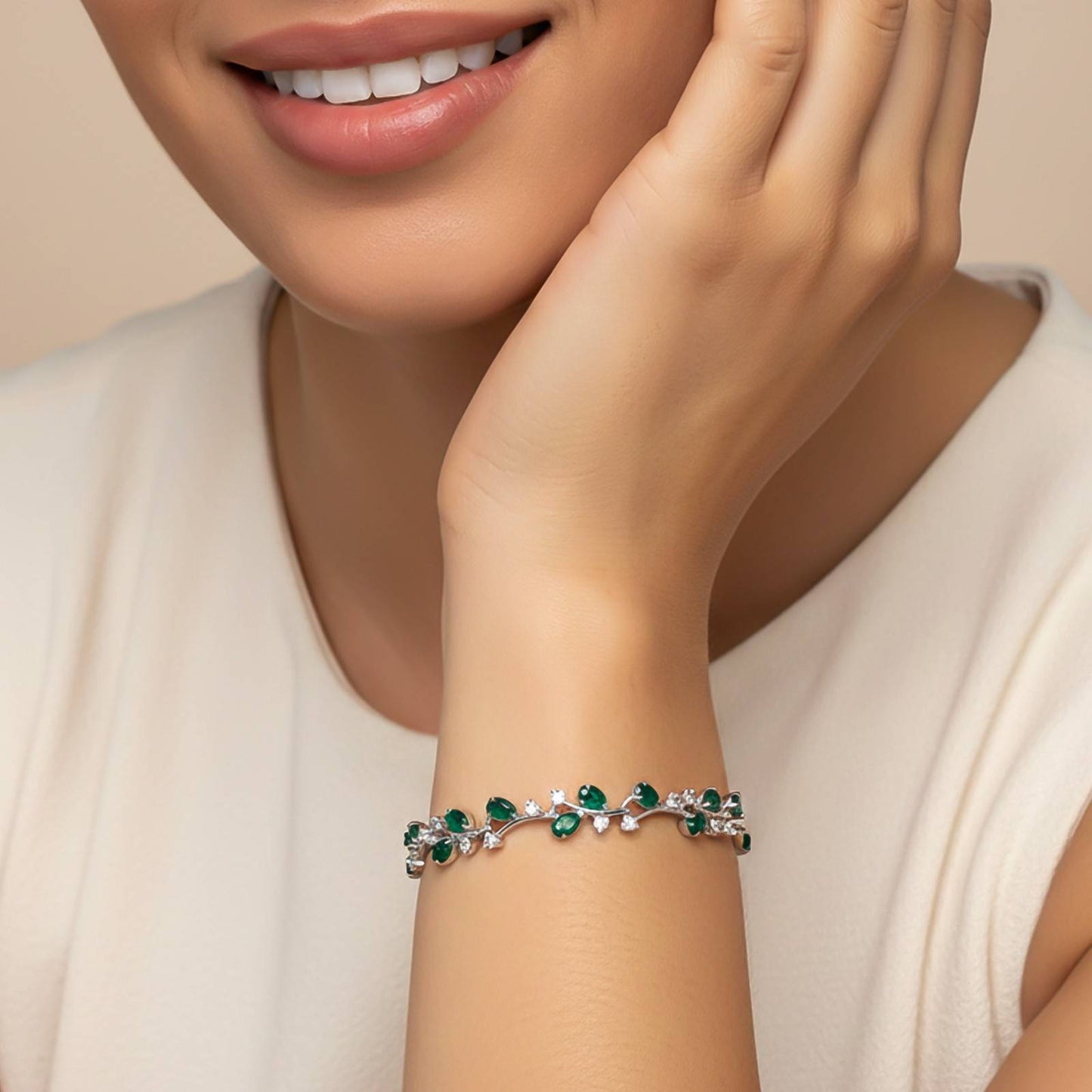 Silver Green Emerald Floral Theme Bracelet