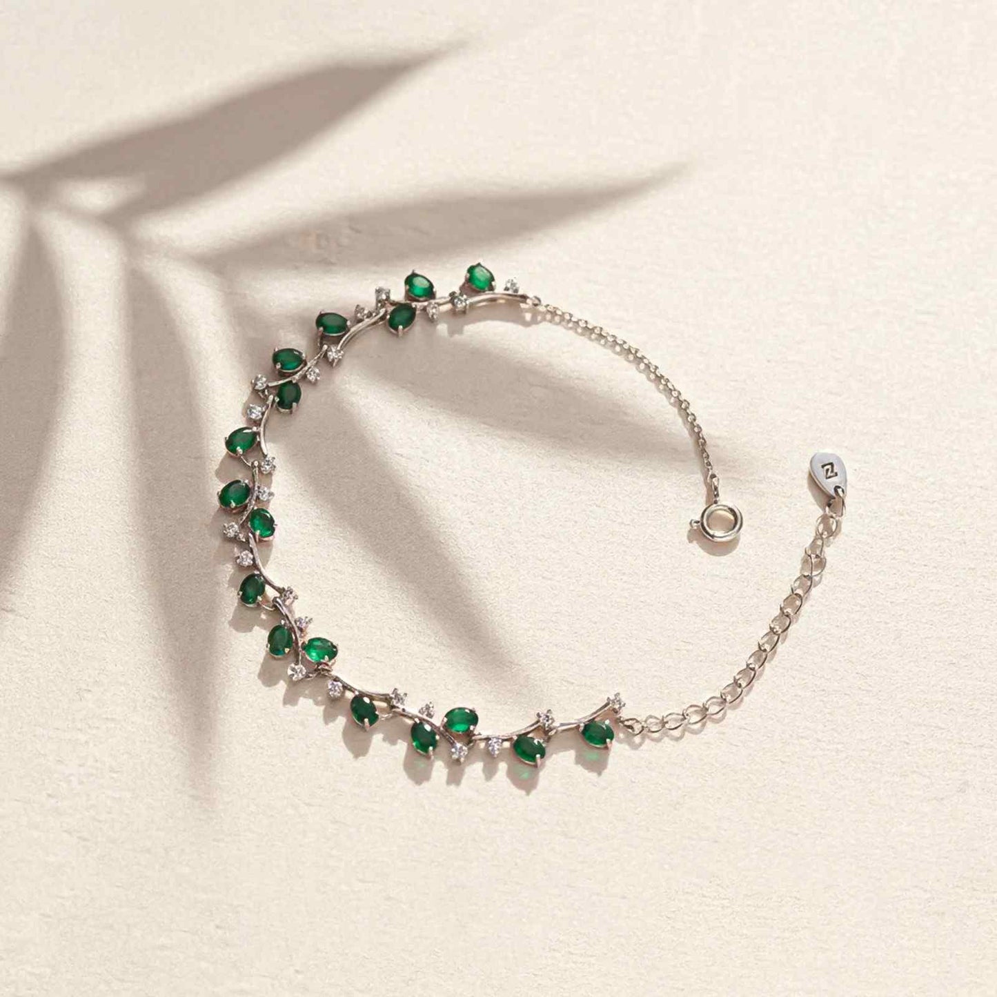 Silver Green Emerald Floral Theme Bracelet