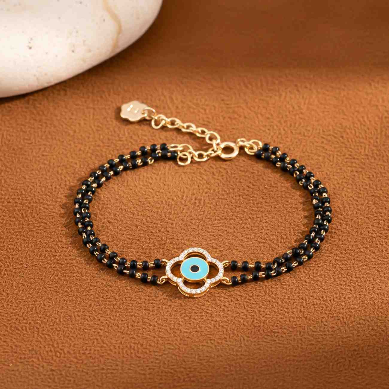 Golden Evil Eye Clover Bead Bracelet
