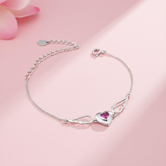 Silver Covered Heart Angle Wings Bracelet