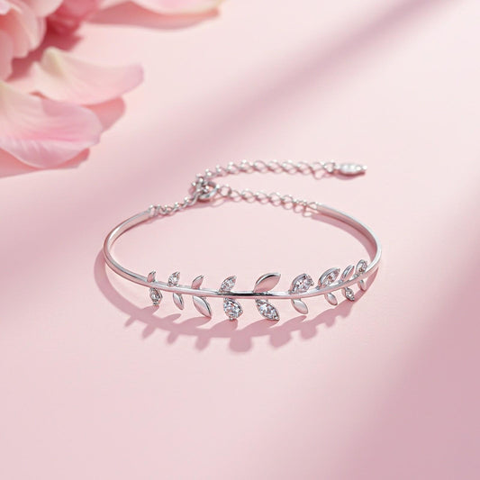 Silver Leafy Cuff Bangle Bracelet
