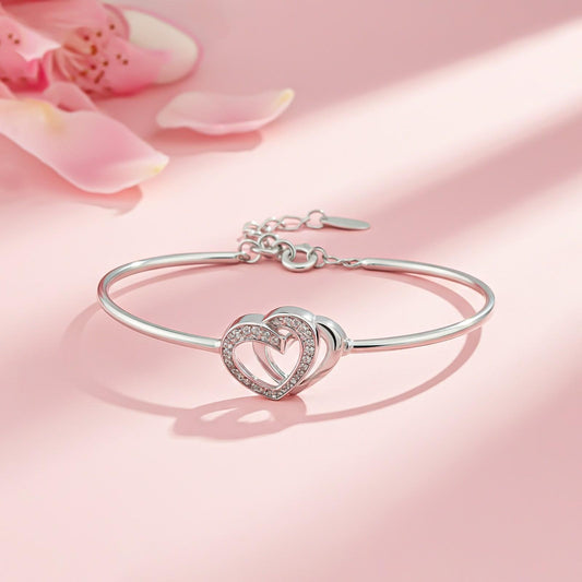 Silver Dual Interlocking Hearts Cuff Bracelet