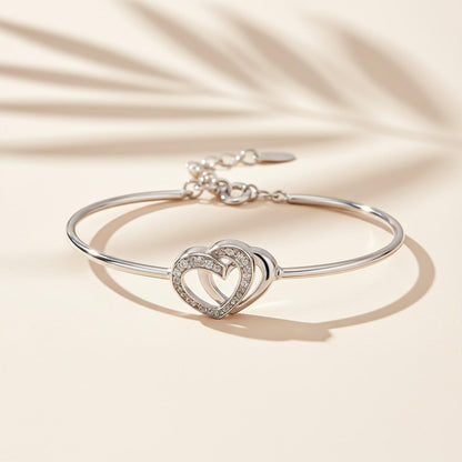 Silver Dual Interlocking Hearts Cuff Bracelet