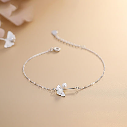 Silver Ginkgo Leaf Pearl Bracelet