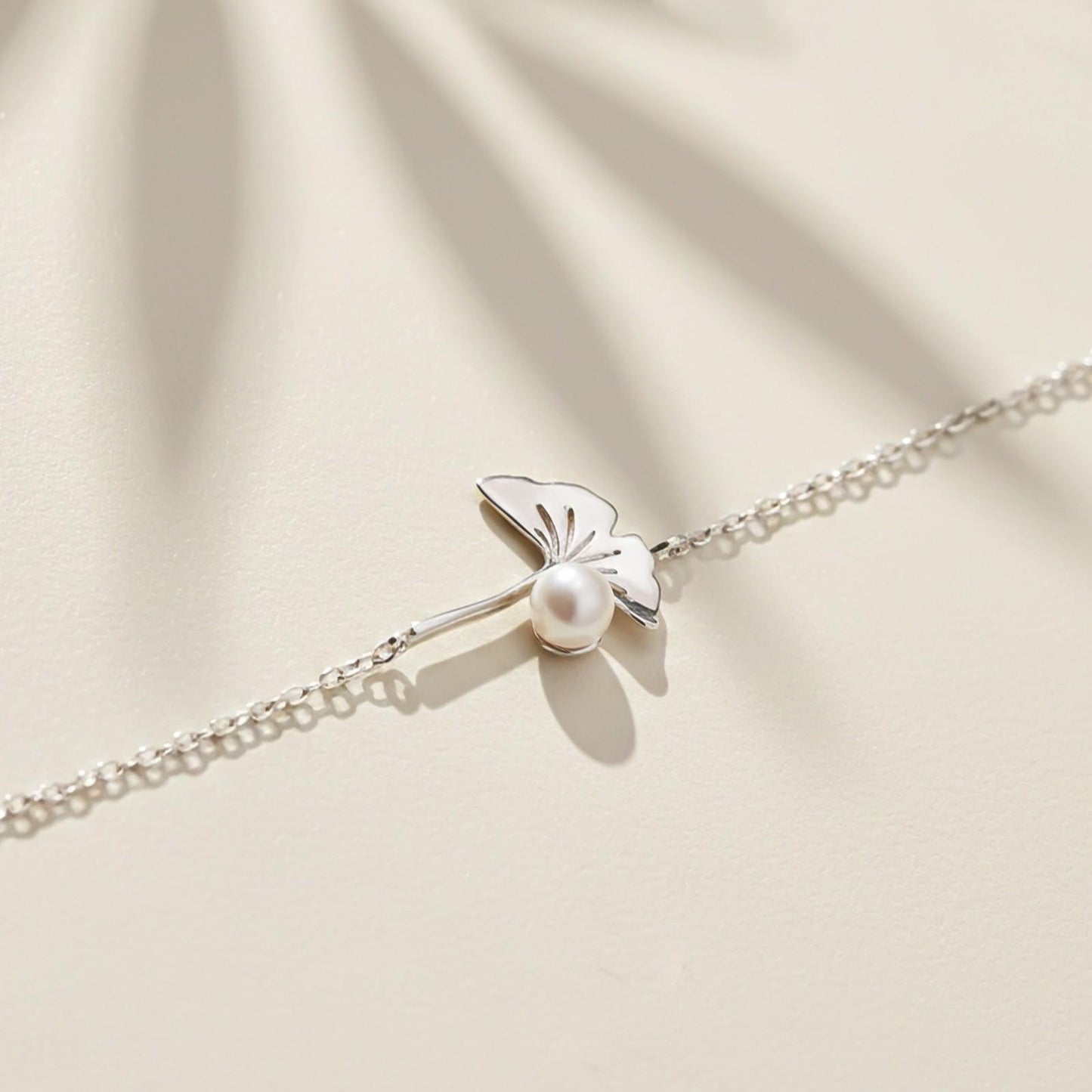 Silver Ginkgo Leaf Pearl Bracelet