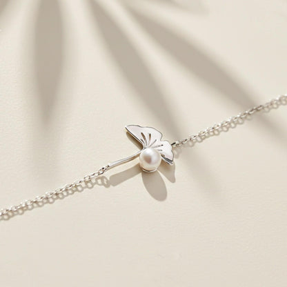 Silver Ginkgo Leaf Pearl Bracelet