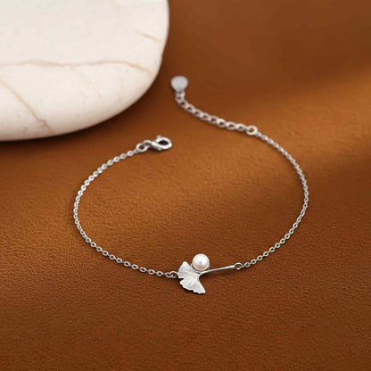 Silver Ginkgo Leaf Pearl Bracelet