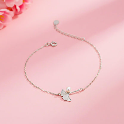 Silver Ginkgo Leaf Pearl Bracelet
