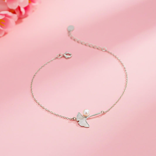 Silver Ginkgo Leaf Pearl Bracelet