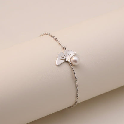Silver Ginkgo Leaf Pearl Bracelet