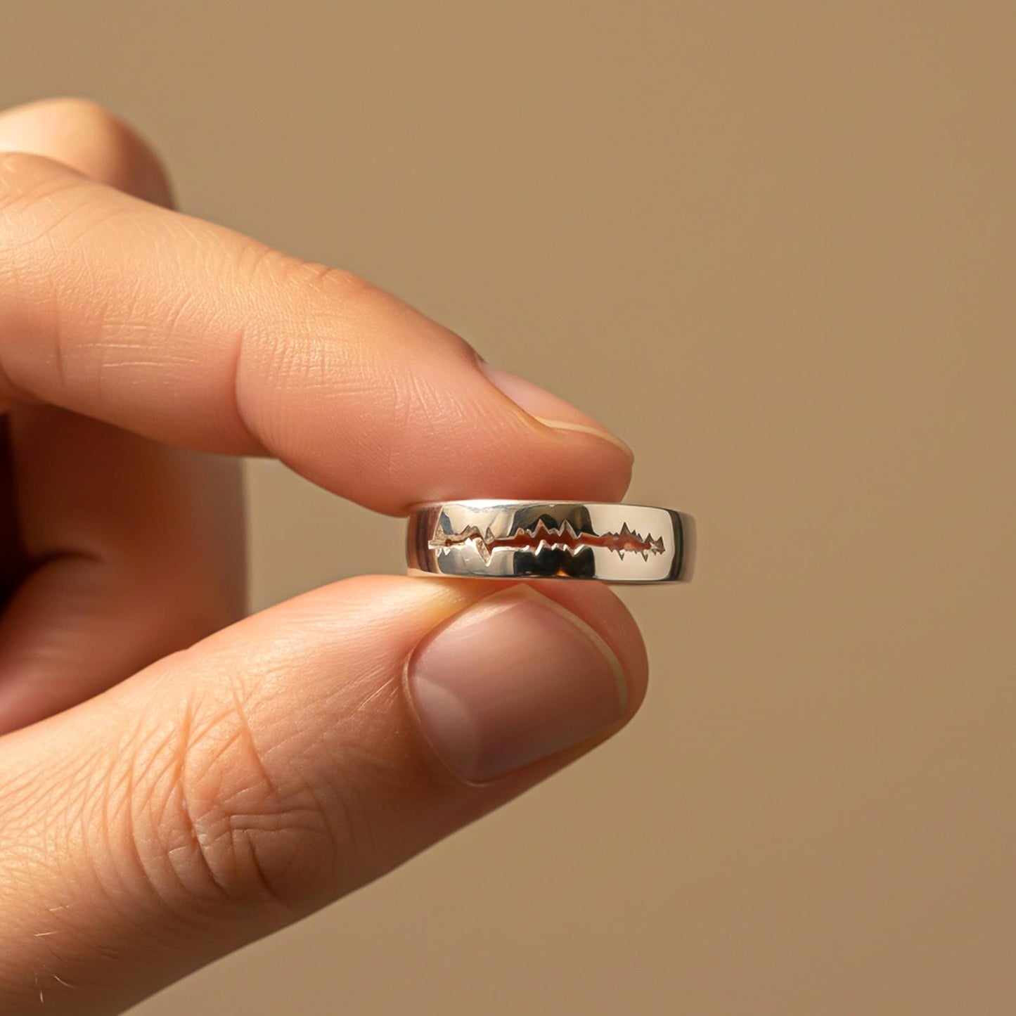 Silver Heart Beat Men's Band Ring