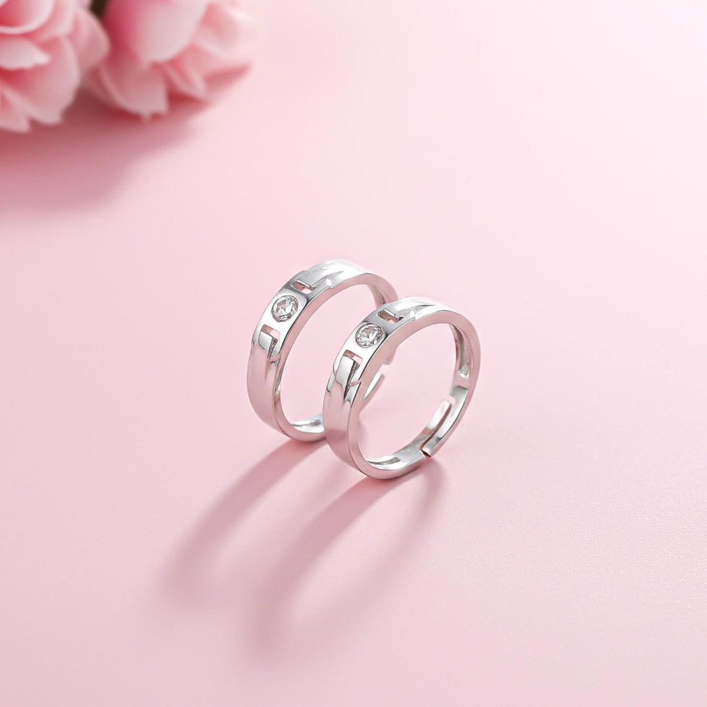 Silver Minimal Solitaire Couple Bands