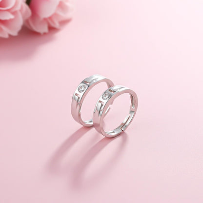 Silver Minimal Solitaire Couple Bands