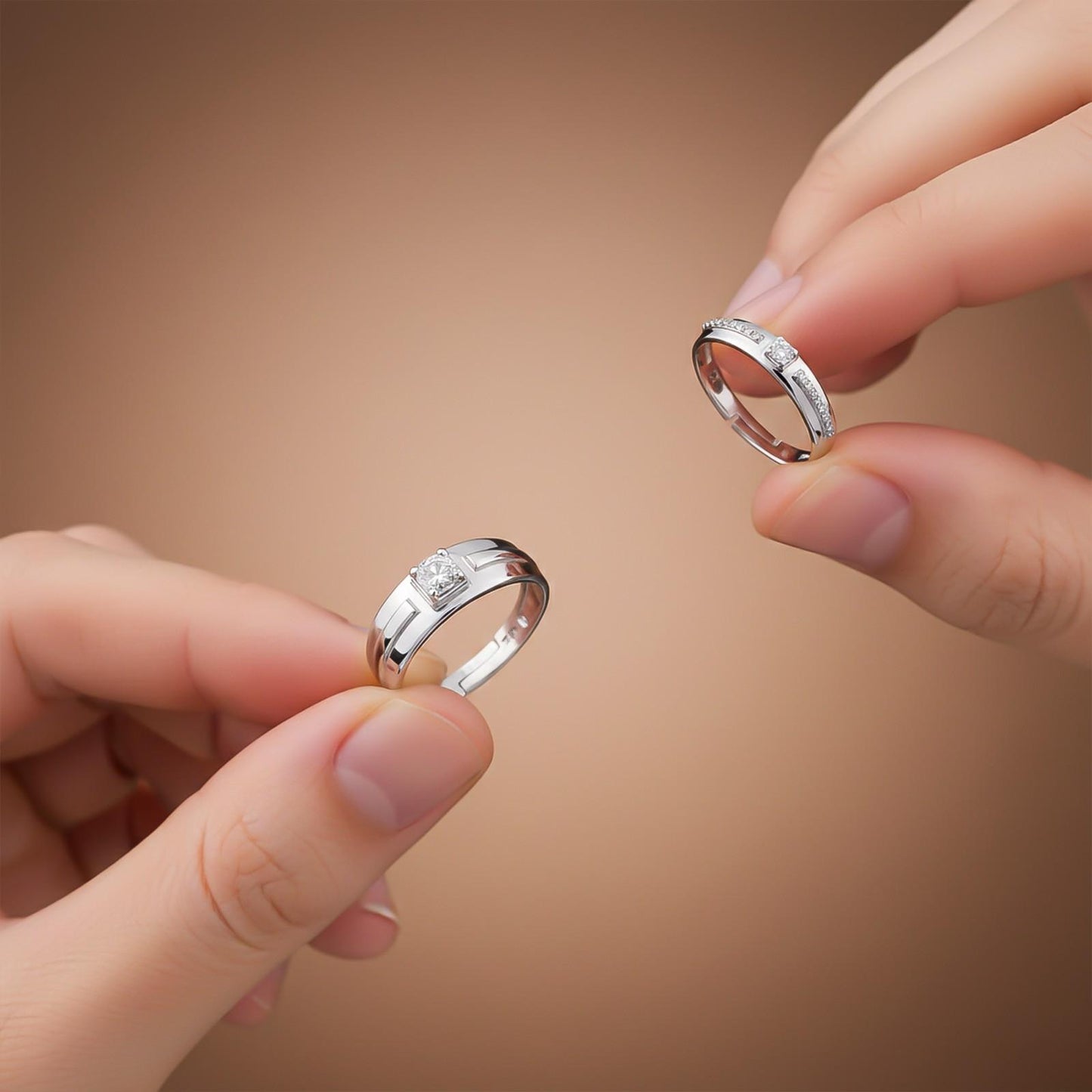 Silver Cubic Zirconia Solitaire Princess Couple Bands