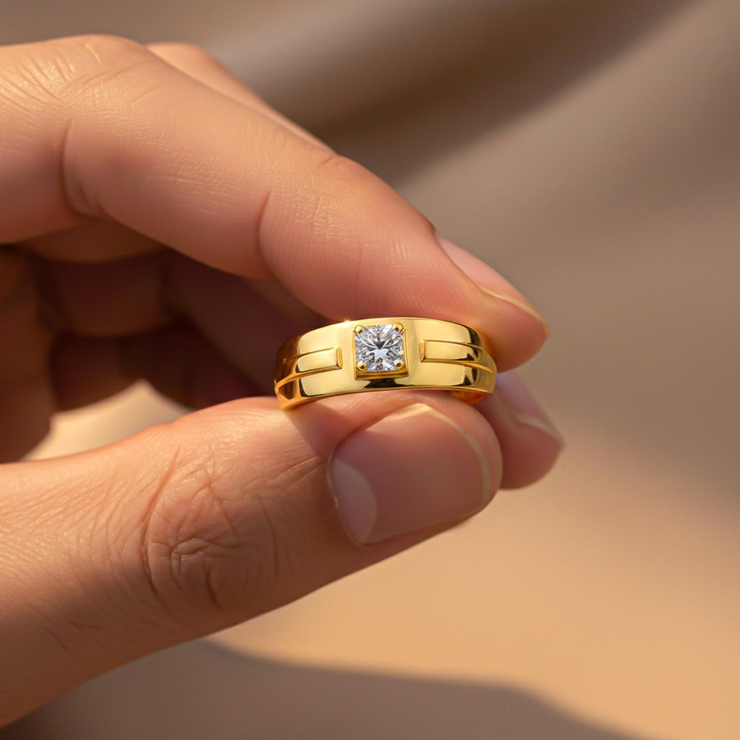 Golden Solitaire Prince Band Ring