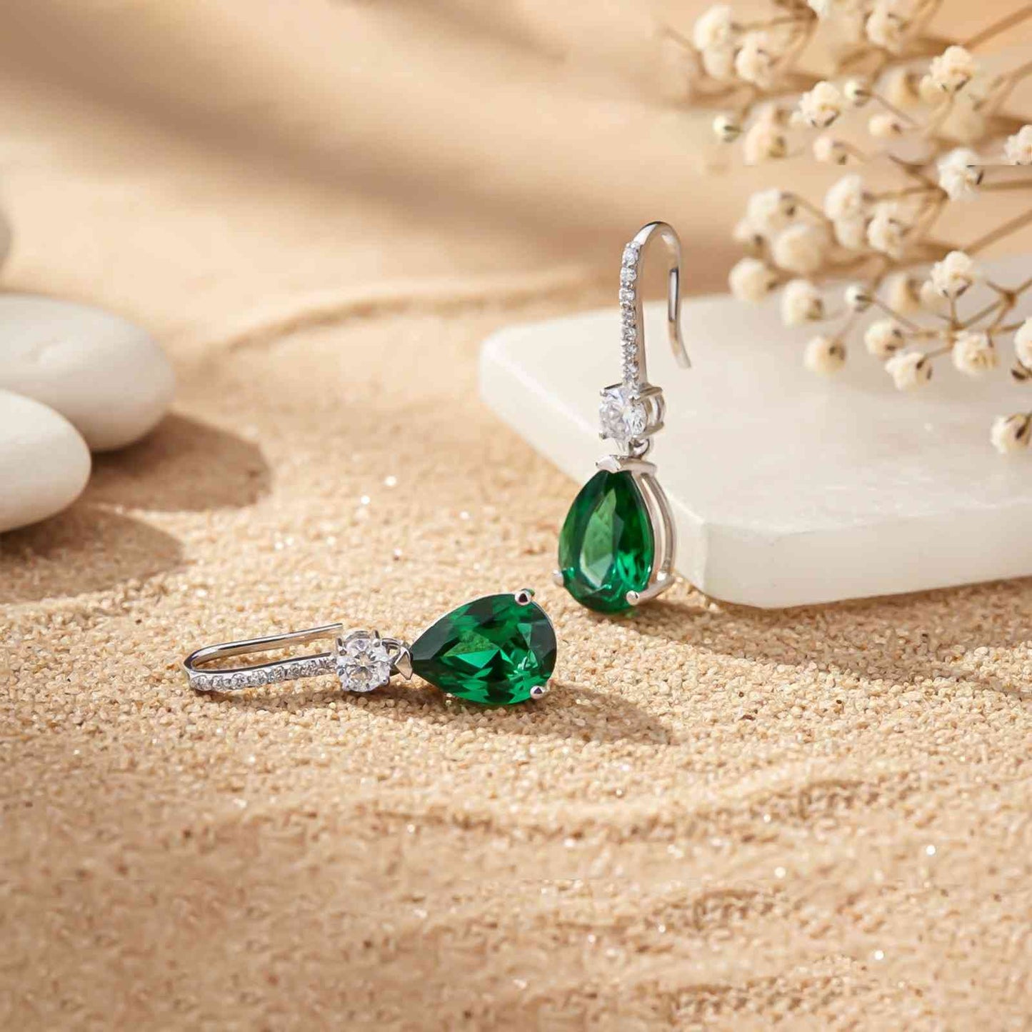 Silver Green Emerald Teardrop Earrings