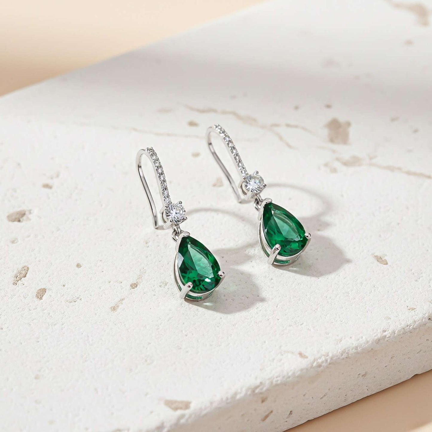 Silver Green Emerald Teardrop Earrings