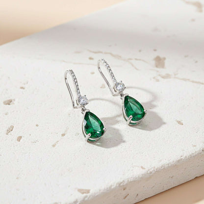 Silver Green Emerald Teardrop Earrings