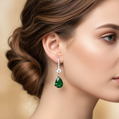 Silver Green Emerald Teardrop Earrings