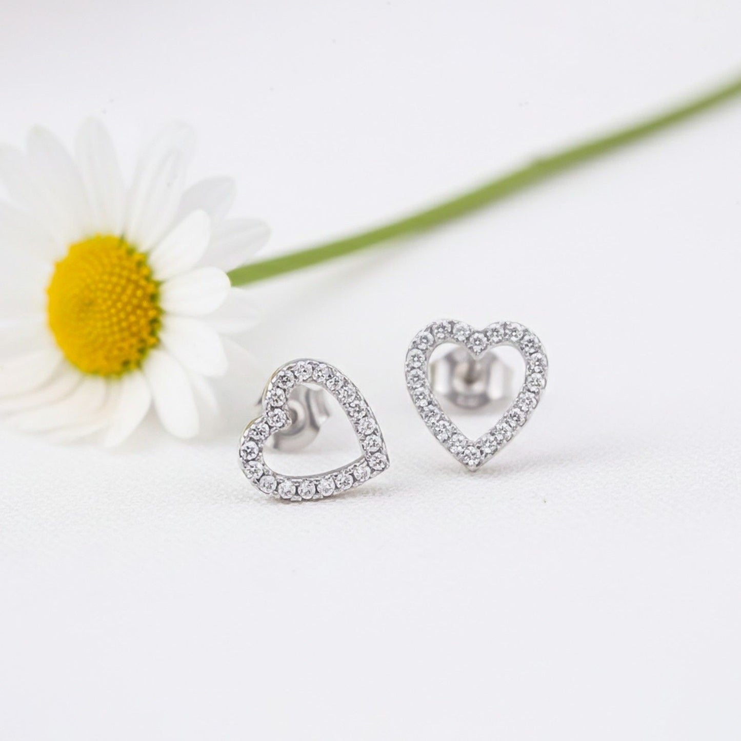 Silver Zircon Studded Heart Earrings