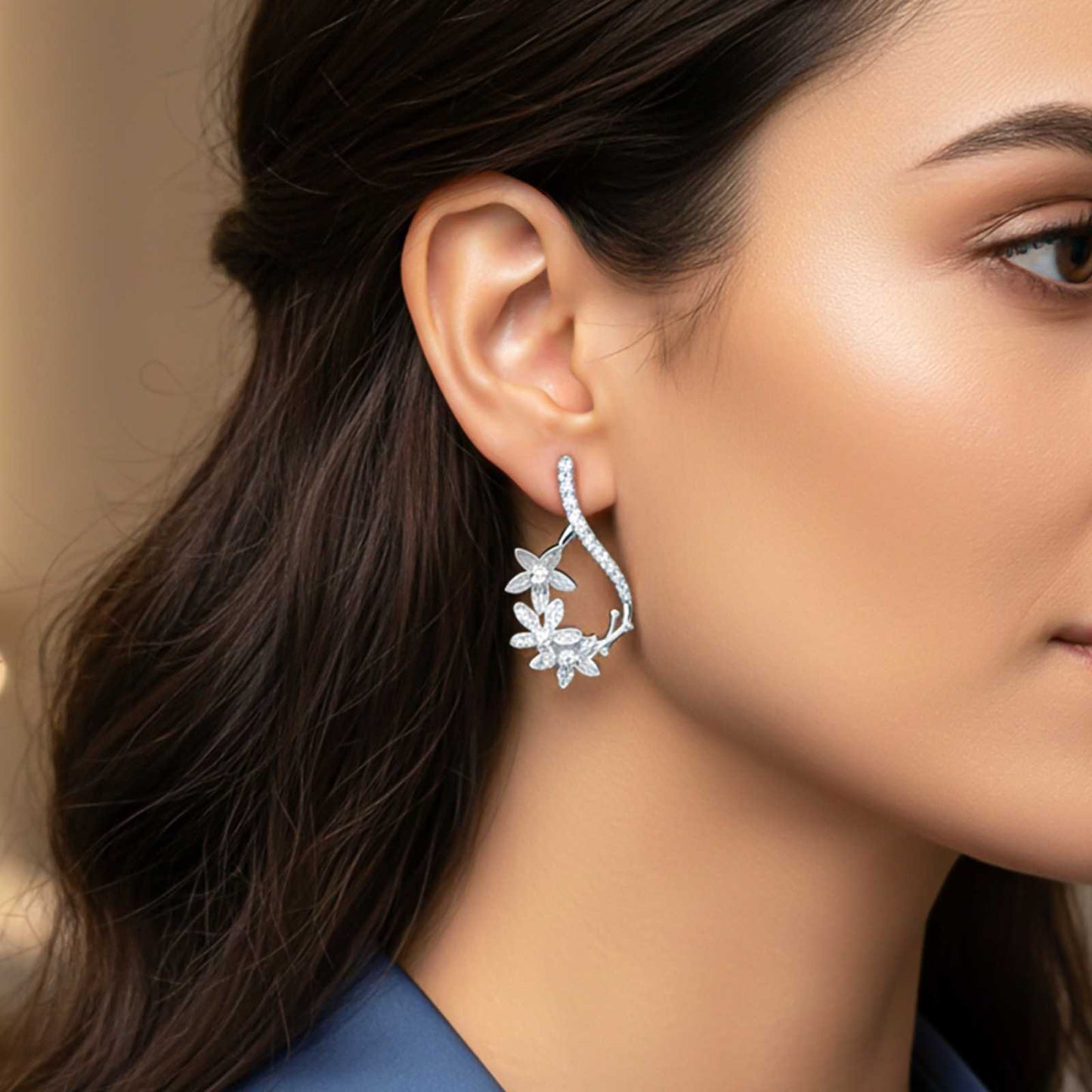 Silver Star Floral Drop Earrings