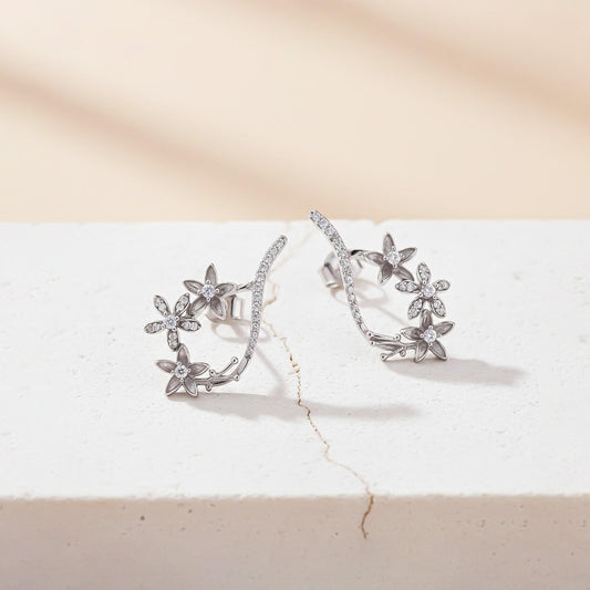 Silver Star Floral Drop Earrings