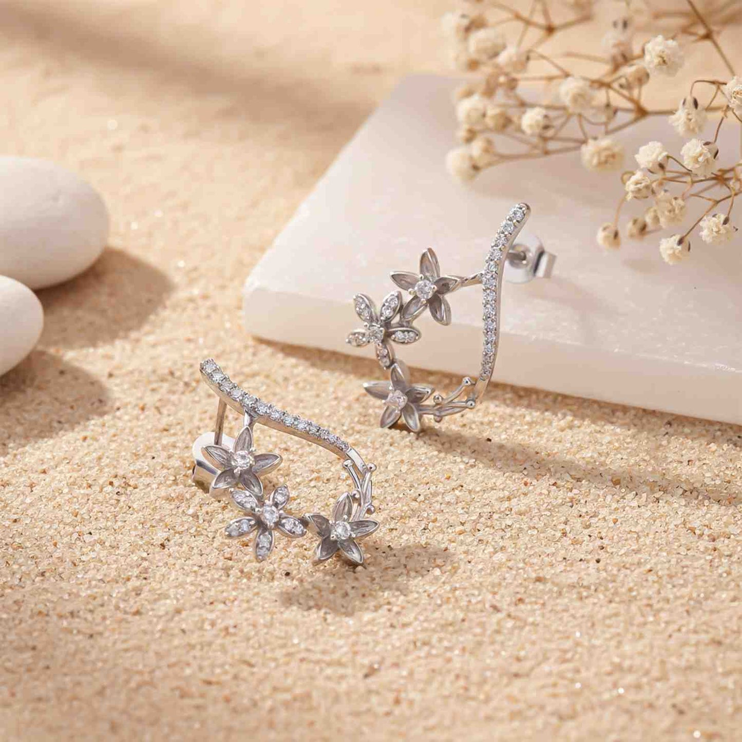 Silver Star Floral Drop Earrings