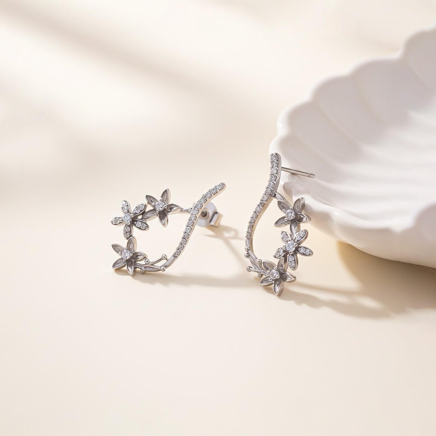 Silver Star Floral Drop Earrings