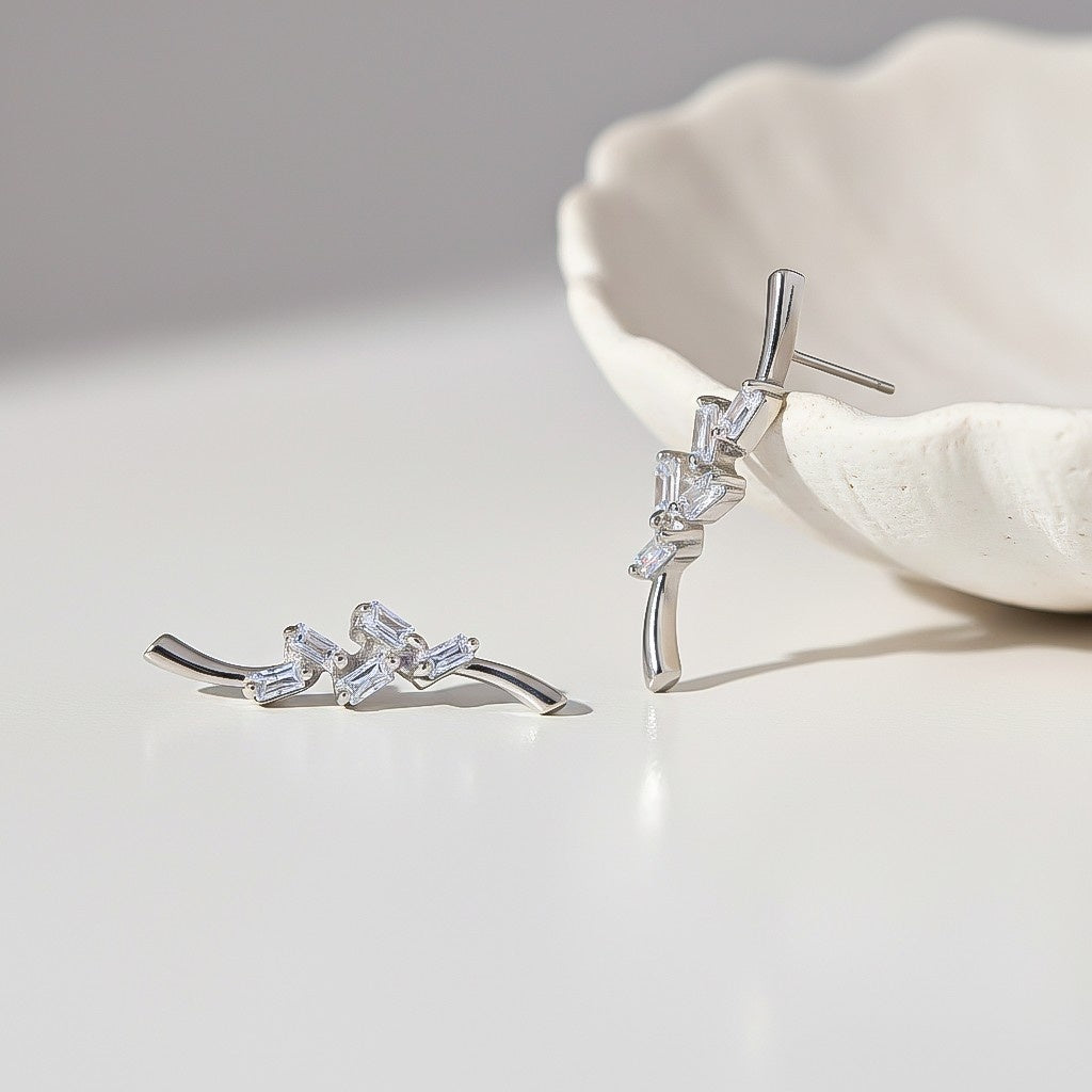 Silver Zircon Bold Baguette Stud Earrings