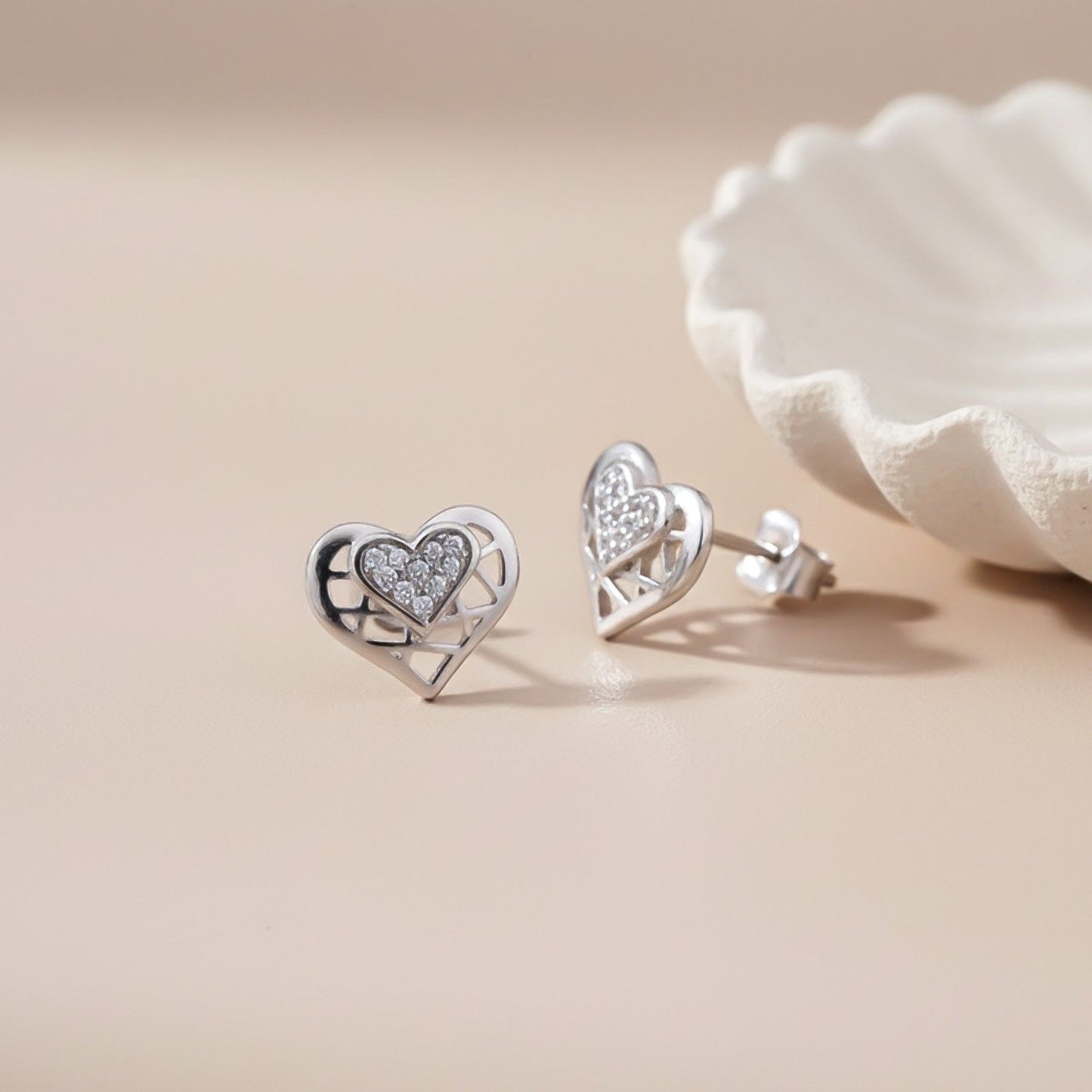Silver Zircon Small Heart Stud Earrings
