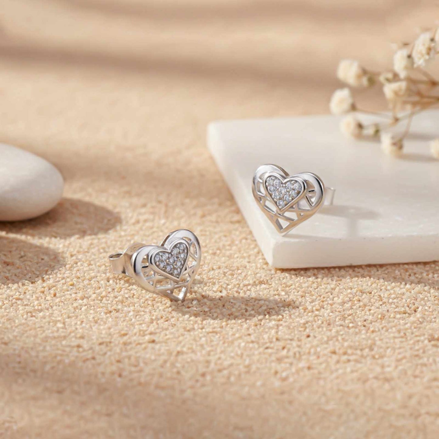 Silver Zircon Small Heart Stud Earrings