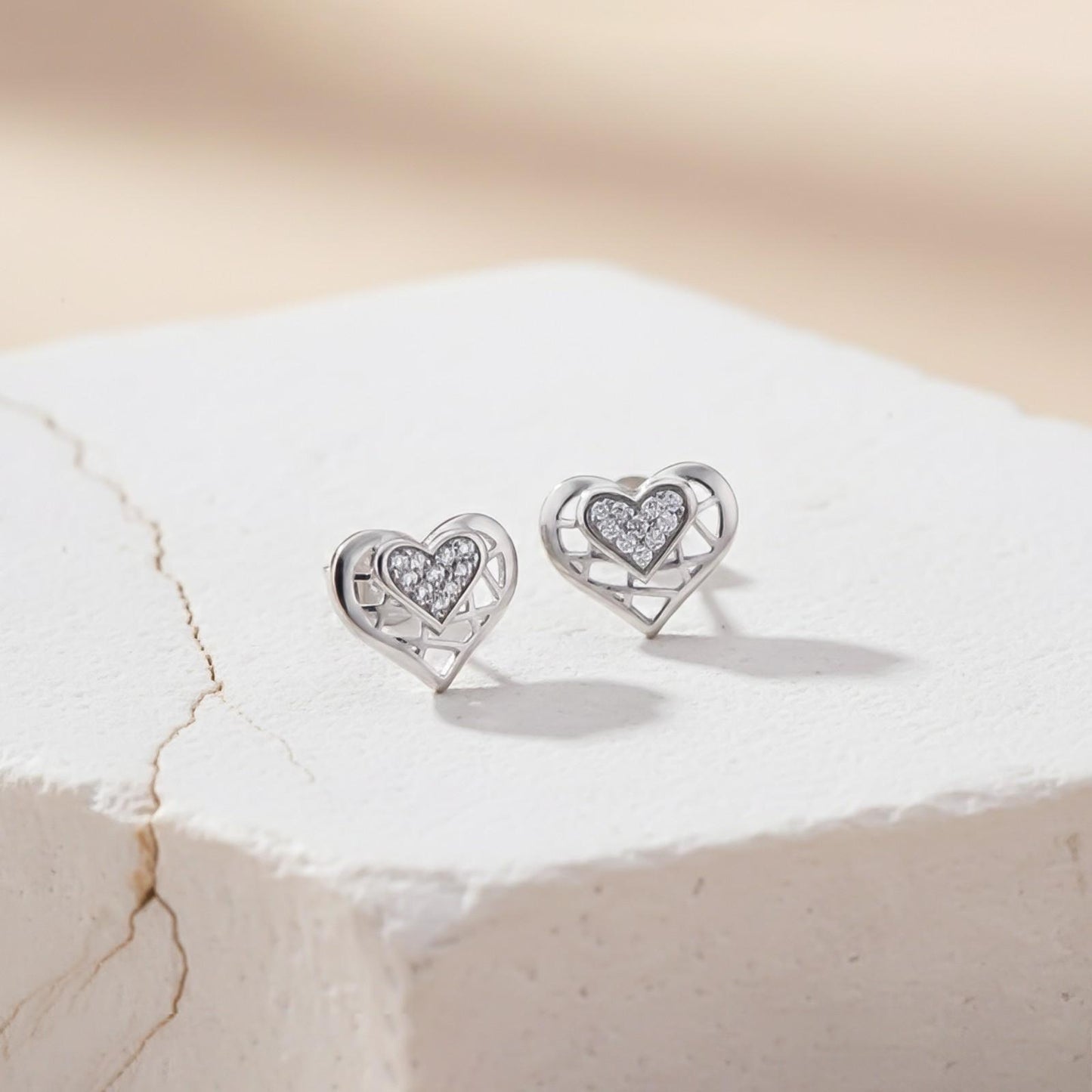 Silver Zircon Small Heart Stud Earrings