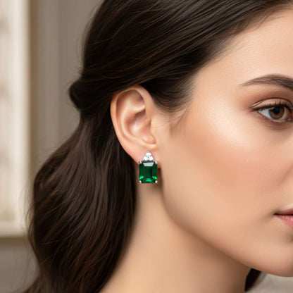 Silver Forest Green Shining Studs Earrings