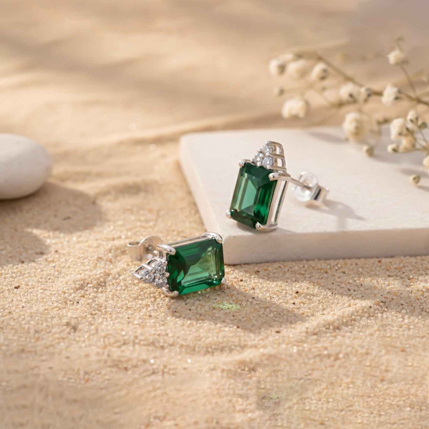 Silver Forest Green Shining Studs Earrings