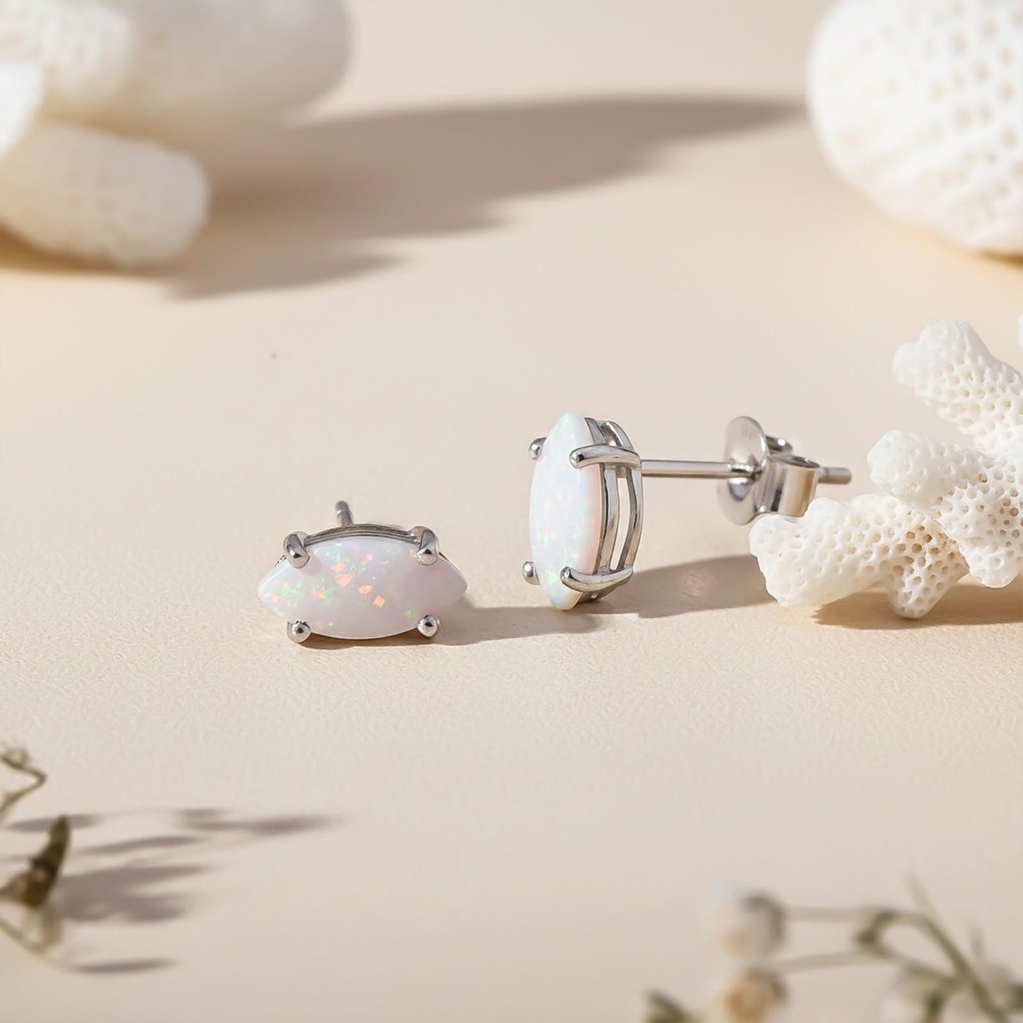 Silver Turtle Style Opal Stud Earrings