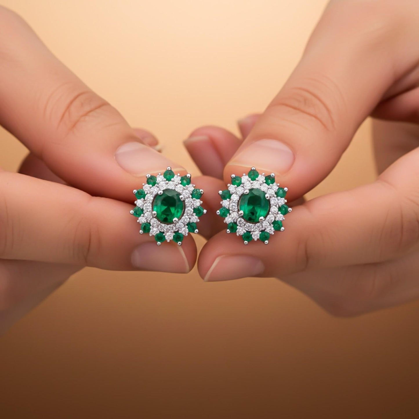 Silver Cluster Green Circle Studs